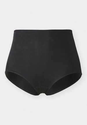 Czarne majtki z wysokim stanem, wykonane z gładkiego materiału o bezszwowym fasonie. Charakteryzują się zaokrąglonymi wycięciami na nogi oraz miękkim elastycznym pasem.
