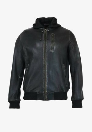 Schwarze Lederjacke mit Kapuze, Reißverschluss vorne und gerippten Bündchen. Verfügt über eine Brusttasche und Seitentaschen. Glatte Textur.