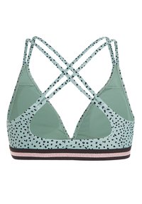 Mėtų žalios spalvos liemenėlė su taškeliais, suteikianti sportinio stiliaus, pagaminta iš elastingos medžiagos, apatinė dalis dekoruota juodos ir rožinės auksinės spalvos apvadu.