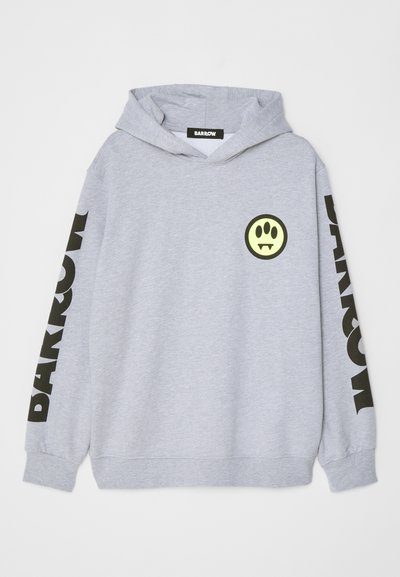 Gray hoodie made of cotton blend. Features a large black "BARROW" text on the sleeve and a yellow smiley face logo on the chest.