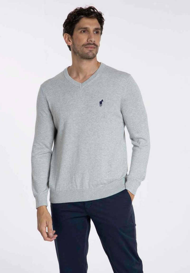 Pull V en gris clair fabriqué en matériau doux, avec des manches longues et un petit logo de cheval navy sur la poitrine. Poignets et ourlet côtelés.