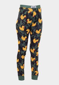 Green camo-patterned pants featuring a repeated design of yellow rubber ducks with red beaks; elastic waistband and cuffed ankles.