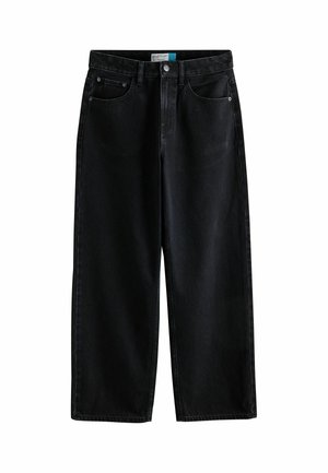 Sorte vidde jeans med knap og lynlås foran, bæltestropper og to forlommer, vist på hvid baggrund.