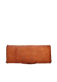 Brown leather bag with a rectangular shape, smooth texture, and contrasting stitches; features a single handle for carrying.