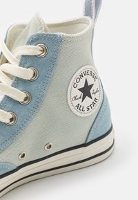 Ljusblå canvas högsneaker med beige öglor, krämfärgade snörningar och en framträdande rund logopatch. Gummisula med en svart rand.