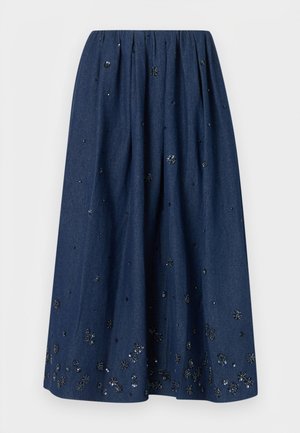 Jupe midi bleu foncé ornée de paillettes florales noires et argentées dispersées, taille élastique et détails de tissu froncé.