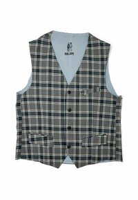 Grau karierter Weste mit hellblauem Innenfutter. Sie verfügt über einen Reverskragen, fünf schwarze Knöpfe und zwei Fronttaschen. Karomuster in Dunkelblau und Beige.