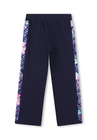 Pantaloni della tuta navy con design a gamba larga, caratterizzati da accentuazioni floreali colorate e paillettes lungo i pannelli laterali. Vita elastica per il massimo comfort.