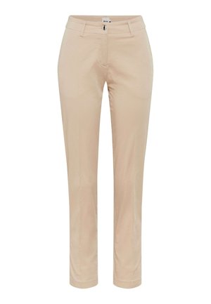 Beige maßgeschneiderte Hose mit schmaler Passform. Sie verfügt über einen Knopf- und Reißverschluss, zwei Fronttaschen und einen glatten, leichten Stoff.