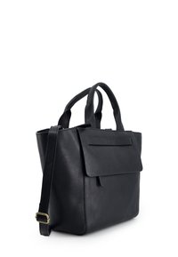 Black leather handbag with two top handles and a detachable shoulder strap. Features a front flap pocket and structured body. Smooth texture.