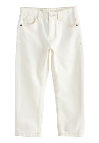 Jeans in denim bianco con design a gamba dritta, chiusura con bottoni, tasche frontali e cuciture a contrasto lungo le cuciture.