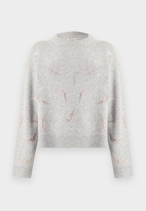 Light gray knit sweater with rose gold metallic bird patterns, ribbed cuffs, hem, and crew neckline.
