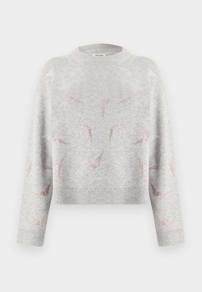 Ανοιχτό γκρι πλεκτό πουλόβερ με σχέδια μεταλλικού ροζ χρυσού πουλιών, με ριμπ μανσέτες, τελείωμα και στρογγυλή λαιμόκοψη.