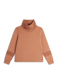 Maglietta a collo alto terracotta con maniche lunghe, caratterizzata da accenti in maglia testurizzata sulle maniche e ai lati. Realizzata con un tessuto morbido.