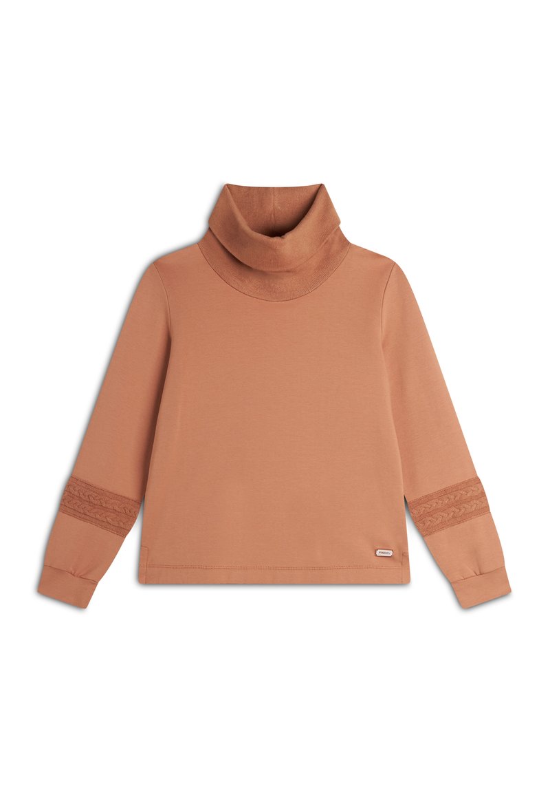 Maglietta a collo alto terracotta con maniche lunghe, caratterizzata da accenti in maglia testurizzata sulle maniche e ai lati. Realizzata con un tessuto morbido.