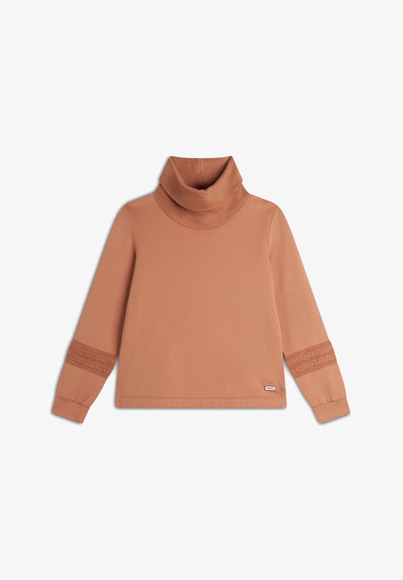 Maglietta a collo alto terracotta con maniche lunghe, caratterizzata da accenti in maglia testurizzata sulle maniche e ai lati. Realizzata con un tessuto morbido.