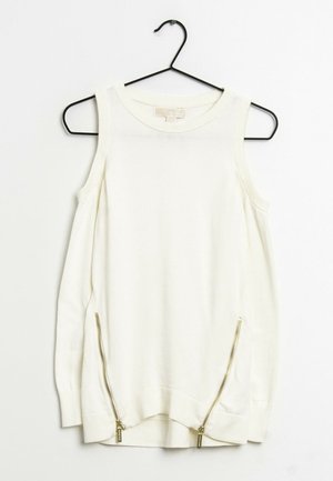 Top blanco sin mangas con cuello redondo, con dos detalles de cremalleras doradas en los laterales y un dobladillo acanalado para textura.