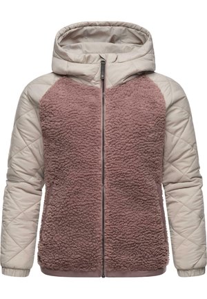 Veste à capuche avec manches matelassées roses et capuche, devant en polaire texturée rose poudré avec fermeture éclair intégrale.