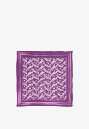 Vierkante sjaal in paars met een wit patroon van bladeren en bessen. Heeft een afgezoomd design en zachte, gestructureerde stof. Merkembleem in de hoek.