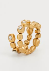 Gold-toned ring with a bumpy, bead-like design. It features several embedded clear crystals, creating a textured and intricate appearance.