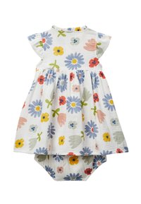 Robe en coton floral à manches courtes, avec un fond blanc et des motifs de fleurs colorés en rose, bleu et jaune. Taille élastique.