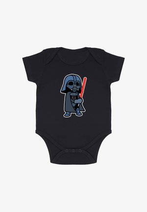 Tutina nera con un personaggio dei cartoni animati che assomiglia a un cattivo, che tiene un lightsaber rosso, con accenti blu e design elegante.