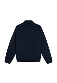 Marineblå jakke med krave, lange ærmer, elastiske manchetter og et tætsiddende talje. Glat tekstur uden synlige mønstre eller detaljer.