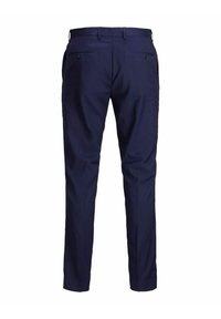 Marineblå bukser med slim fit, der har to baglommer med knapper og en glat stofstruktur. Designet til et skræddersyet look.