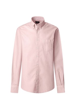 Light pink long-sleeve shirt made of cotton with a button-down collar, single chest pocket, and subtle texture. Front button closure.