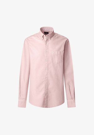 Jasnoróżowa koszula z długim rękawem, wykonana z bawełny, z kołnierzykiem zapinanym na guziki, pojedynczą kieszenią na piersi i subtelną teksturą. Zapięcie na guziki z przodu.
