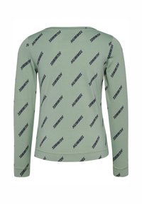 Langärmliges Shirt aus hellgrünem Stoff mit einem wiederholten dunkelblauen "HUMMEL"-Logomuster. Runder Halsauschnitt und taillierte Passform.