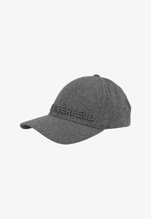 Gorra de béisbol de lana gris con "KARL LAGERFELD" bordado en el panel frontal, mostrada sobre un fondo blanco.