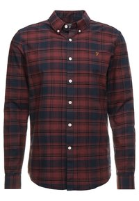 Herren-Langarmhemd in Burgunderrot und Marineblau kariert. Verfügt über einen Button-Down-Kragen, weiße Knöpfe und ein auf der Brust gesticktes Logo.