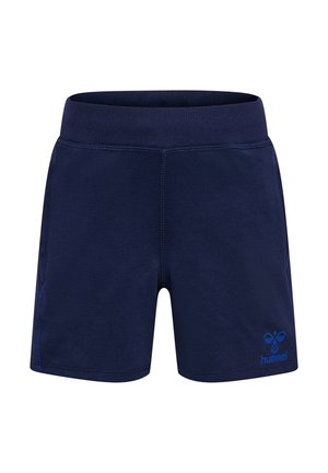 Mørkeblå sportsshorts med elastisk taljebånd, sidelommer og lille blå hummel-logo på forsiden nederst på højre ben.