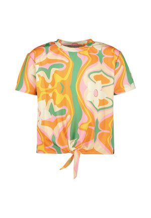 Blouse met korte mouwen en een knoop aan de voorkant, met een levendig patroon van oranje, groen, roze en crème abstracte bloemen en golven, een ronde halslijn en een ontspannen pasvorm.