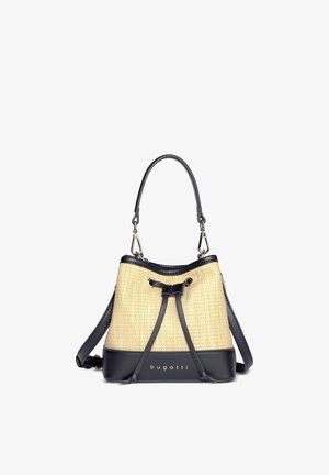 Béžová tkaná taška typu bucket s čiernym koženým lemom, nastaviteľným ramenným popruhom, šnúrkovým uzáverom a logom "bugatti" na spodnej prednej strane.