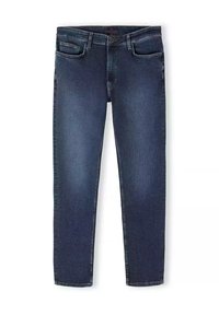 Granatowe dżinsy wąskie, w stylu slim fit, z kieszeniami z przodu, z zapięciem na zamek błyskawiczny oraz minimalistycznym przeszyciem. Tkanina ma gładką fakturę.