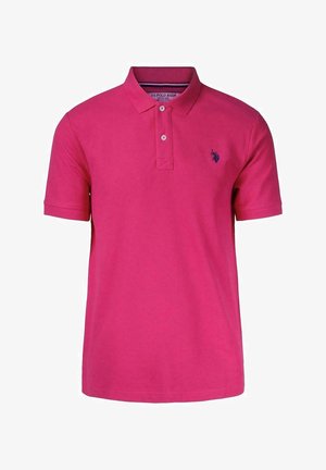 Felroze polo met korte mouwen, een kraag, een knoopsluiting met twee knopen en een klein marineblauw geborduurd logo op de linkerborst.