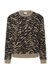 Sudadera negra y caqui con un patrón de rayas de tigre, cuello redondo, mangas largas y puños y dobladillo acanalados. Textura suave.