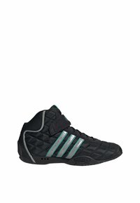 Čierna športová vysoká obuv s prešívaným dizajnom, striebornými pruhmi a tyrkysovým akcentom. Obsahuje suchý zips pre bezpečné uchytenie.