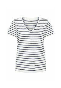 T-shirt a scollo a V in cotone bianco con strisce orizzontali blu navy, maniche corte e vestibilità rilassata. Texture liscia con un design informale.