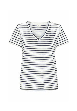 T-shirt à col en V en coton blanc avec des rayures horizontales navy, à manches courtes et coupe décontractée. Texture douce avec un design casual.
