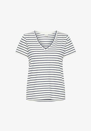 Koszulka z dekoltem w serek z białej bawełny w granatowe poziome paski, z krótkimi rękawami i luźnym krojem. Gładka tekstura z codziennym wzornictwem.
