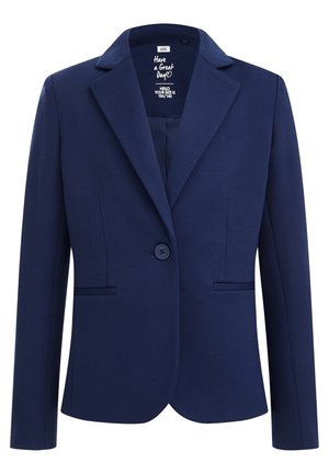 Granatowa marynarka wykonana z gładkiego materiału, z klapami w formie wyłogów, jednym zapięciem na guzik, dwoma przednimi kieszeniami i dopasowanym krojem.