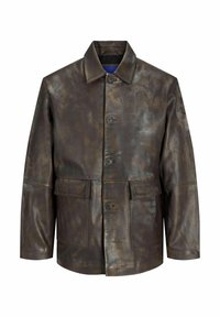 Brown leather jacket with a slightly distressed texture, featuring a collared neckline, button closure, and two front pockets.
