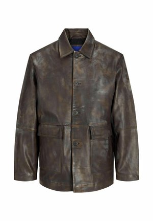 Brown leather jacket with a slightly distressed texture, featuring a collared neckline, button closure, and two front pockets.