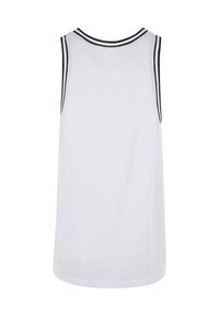 Hvit mesh tank topp med rund hals, med sorte striper rundt halsen og armhullene, og en rett søm.