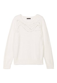 Weißer Pullover aus weichem, strukturiertem Material mit Rundhalsausschnitt und langen Ärmeln. Verziert mit Perlenapplikationen in einem wellenförmigen Muster.