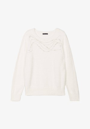 Witte trui van zacht, gestructuurd materiaal met een ronde hals en lange mouwen. Versierd met kralen in een golvend patroon.