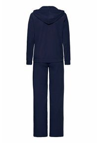 Marinblå träningsdräkt bestående av en jacka med huva och matchande byxor. Tillverkad av mjukt tyg med långa ärmar och rak benform.